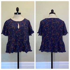 Madewell Silk Stanza Ruffle-Hem Top in Moonless Navy Floral Size Medium
